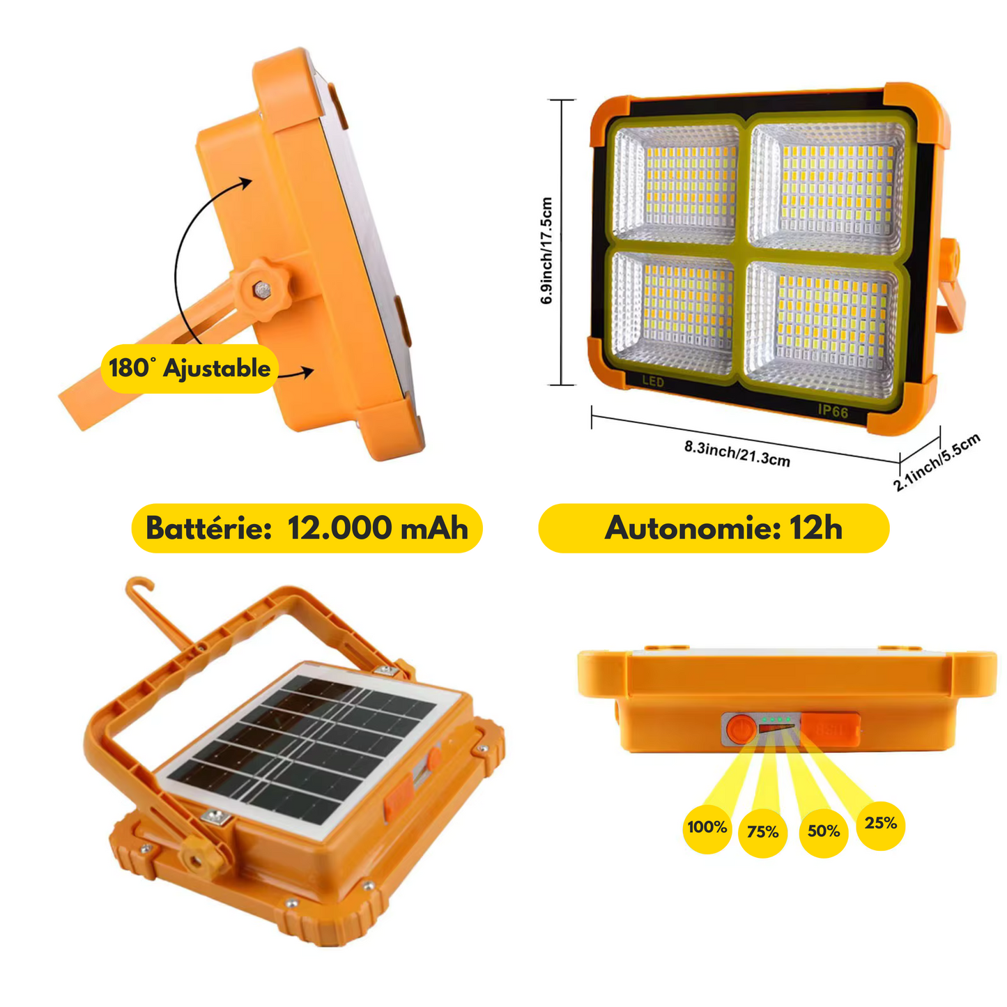 Projecteur Solaire LED rechargeable 100 W-  12000 mAh